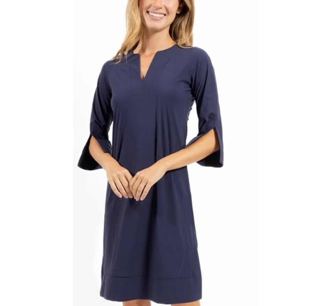Jude Connally Megan Tunic Dress Size Small Navy Blue Preppy V-neck 3/4 Sleeve